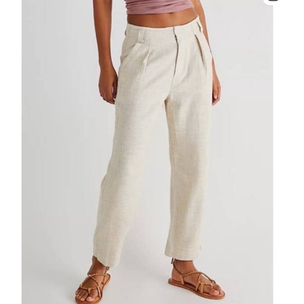 Free People‎ Clean Trouser Pant Women 6 Beige Linen Blend Pleated Wide Leg